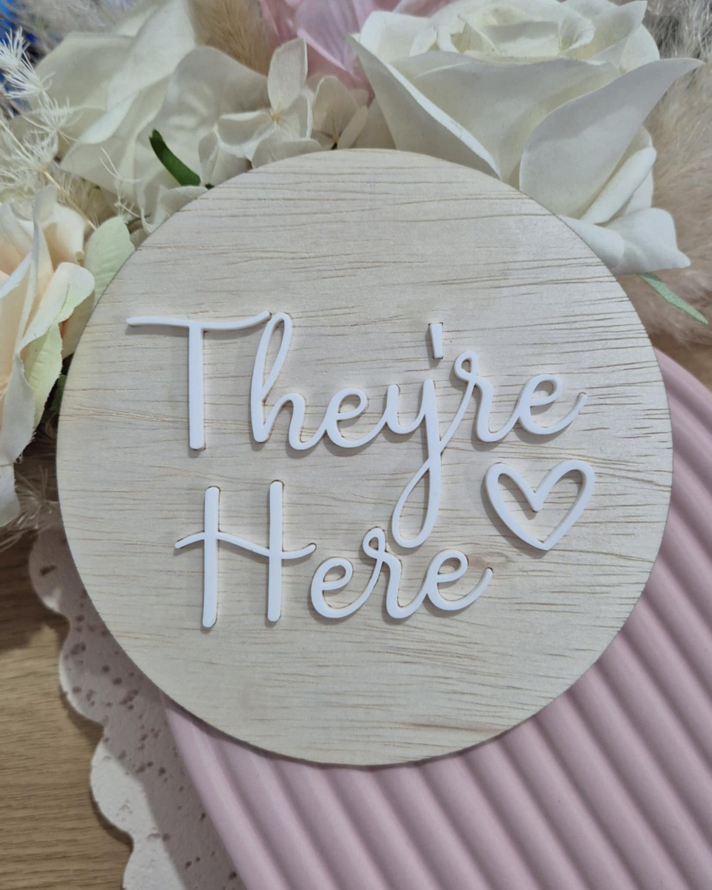 They're Here Wooden Birth Announcement Disc