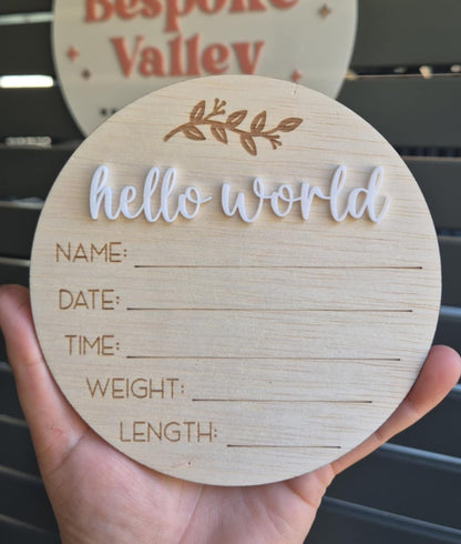 Hello World - Birth Details Announcement Plaque